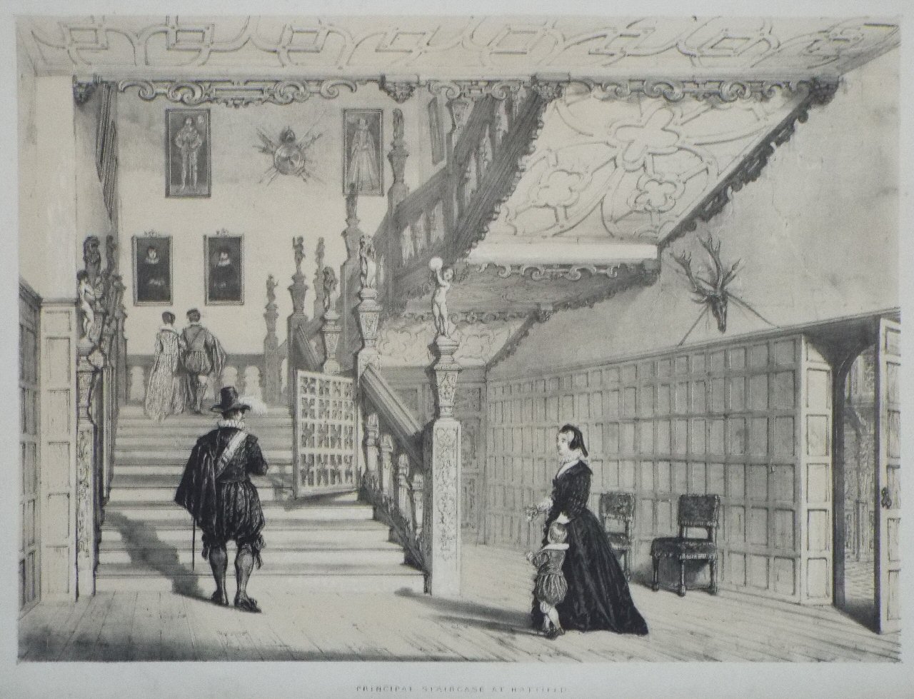 Lithograph - Principal Staircase, Hatfield, Herts - Nash